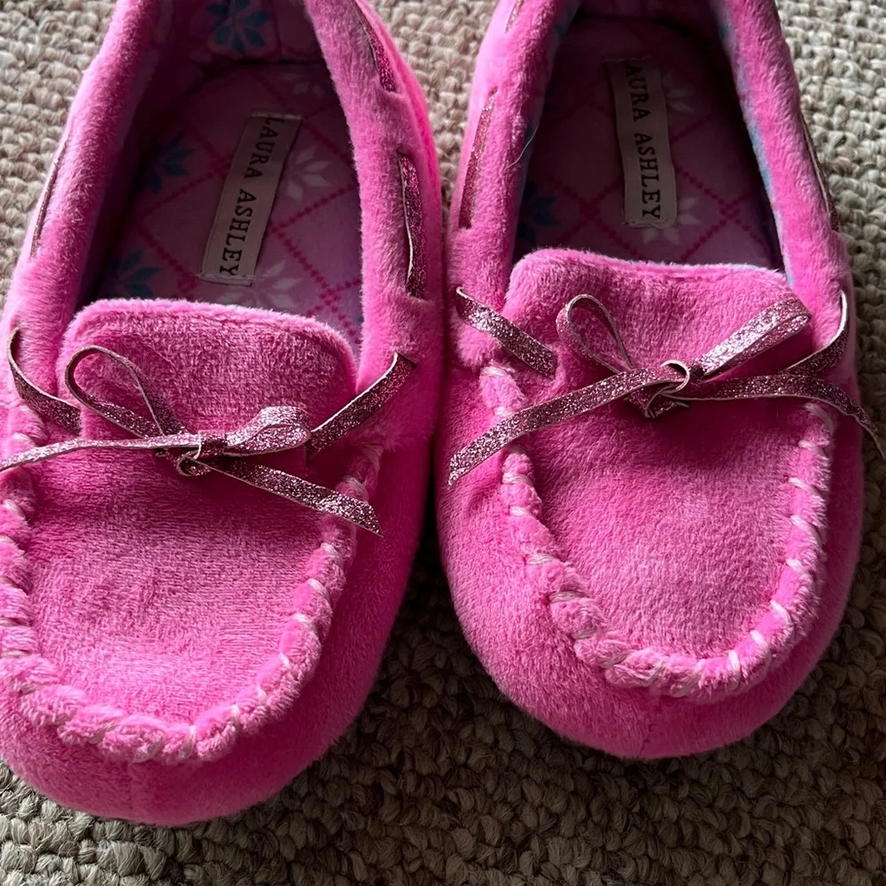 Laura Ashley Bright Pink Plush Moccasin Slippers for Kids